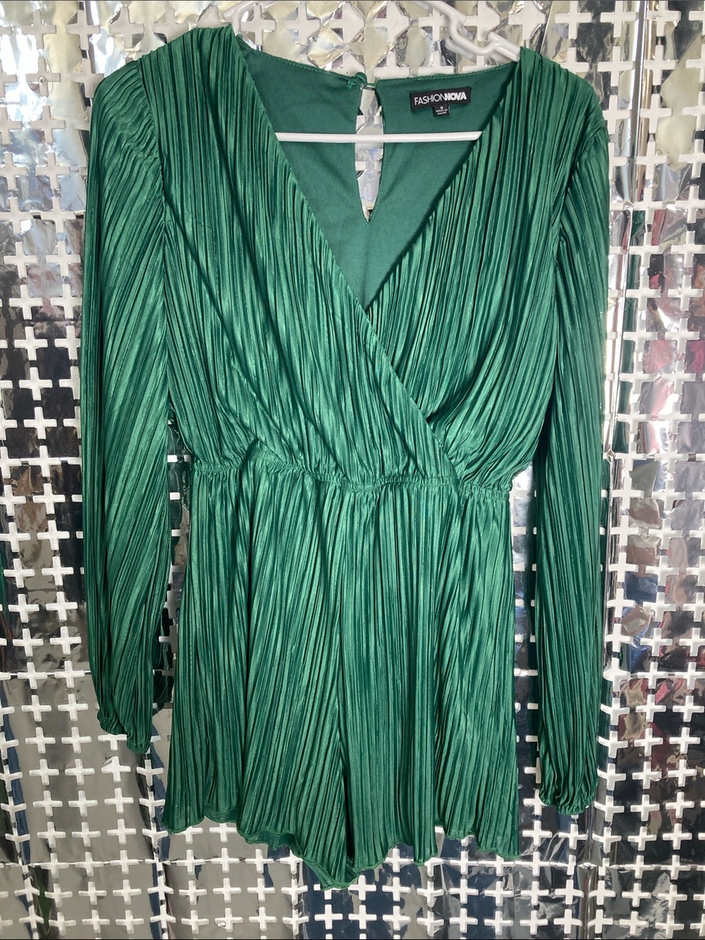 Fashion Nova Green Pleated Long-Sleeve Wrap Romper